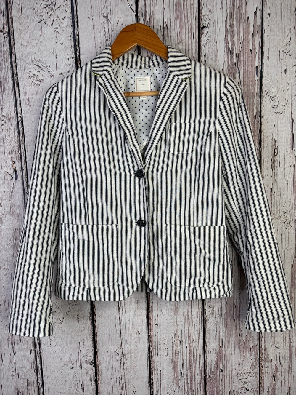 GAP Railroad Stripe Navy White Lined Academy Blazer Jacket Size 0 Linen Cotton